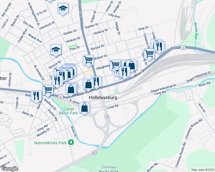 map of restaurants, bars, coffee shops, grocery stores, and more near 200 Clark Street in Hollidaysburg