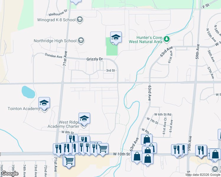 map of restaurants, bars, coffee shops, grocery stores, and more near 6607 4th Street Road in Greeley