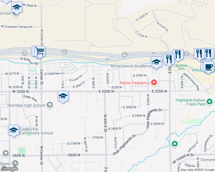 map of restaurants, bars, coffee shops, grocery stores, and more near 3239 North 620 East in Lehi