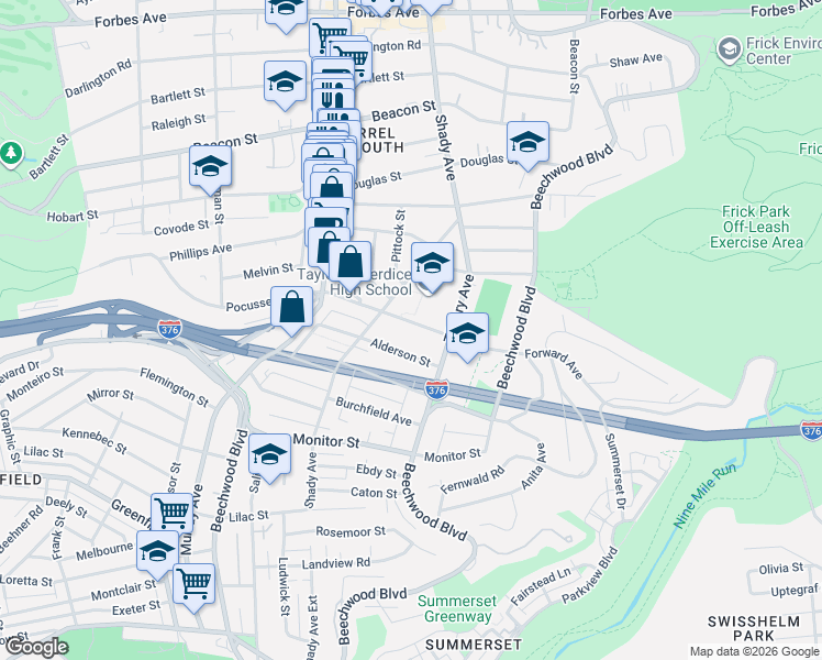 map of restaurants, bars, coffee shops, grocery stores, and more near 6355 Alderson Street in Pittsburgh