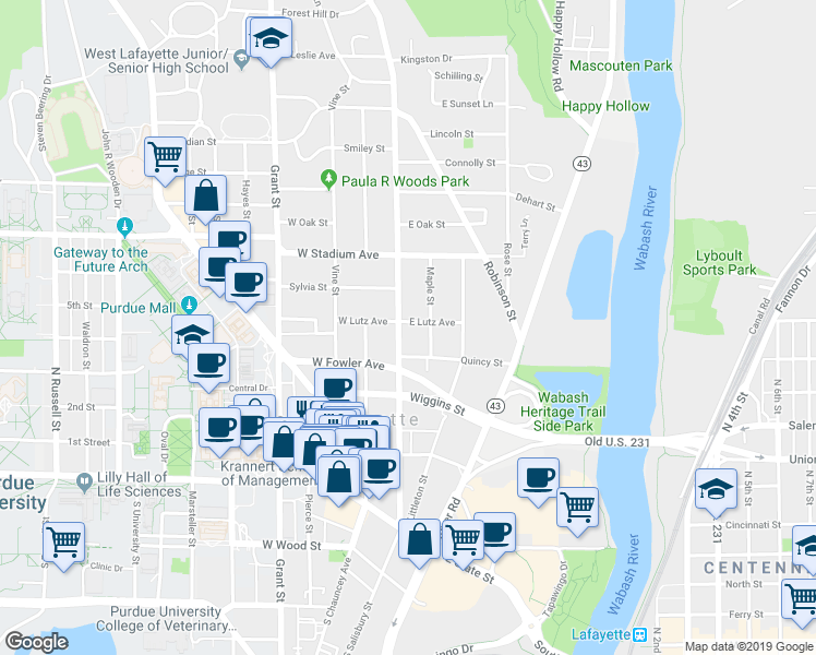 map of restaurants, bars, coffee shops, grocery stores, and more near 426 North Salisbury Street in West Lafayette