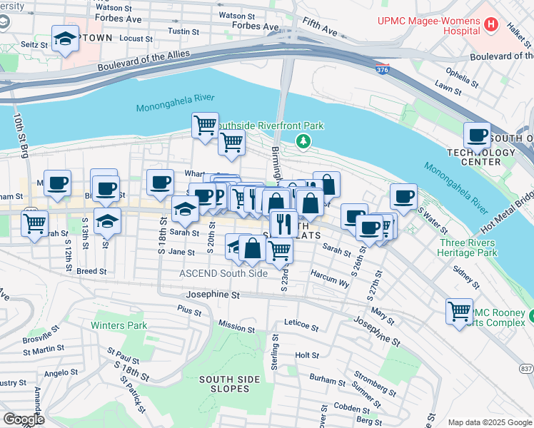 map of restaurants, bars, coffee shops, grocery stores, and more near 2205 East Carson Street in Pittsburgh