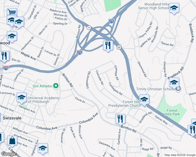 map of restaurants, bars, coffee shops, grocery stores, and more near 121 Washington Road in Pittsburgh