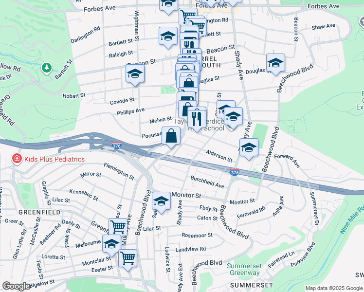 map of restaurants, bars, coffee shops, grocery stores, and more near 5838a Alderson Street in Pittsburgh