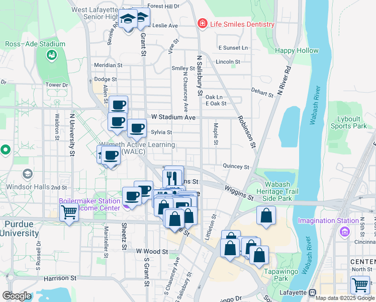 map of restaurants, bars, coffee shops, grocery stores, and more near 125 West Lutz Avenue in West Lafayette