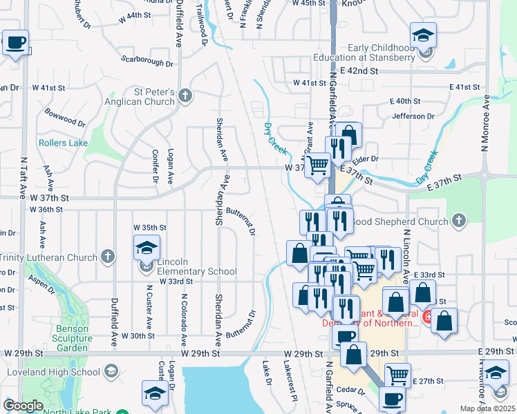 map of restaurants, bars, coffee shops, grocery stores, and more near 3506 Butternut Drive in Loveland