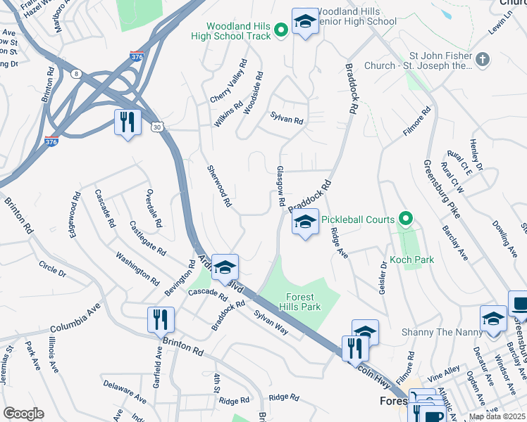 map of restaurants, bars, coffee shops, grocery stores, and more near 517 Braddock Road in Pittsburgh