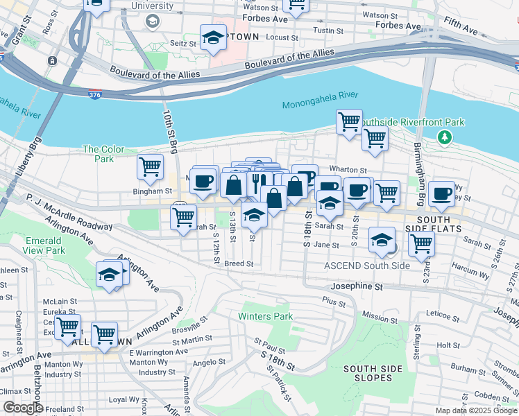 map of restaurants, bars, coffee shops, grocery stores, and more near 1412 East Carson Street in Pittsburgh
