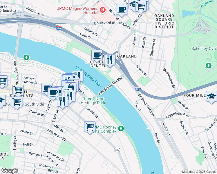 map of restaurants, bars, coffee shops, grocery stores, and more near Hot Metal Bridge in Pittsburgh