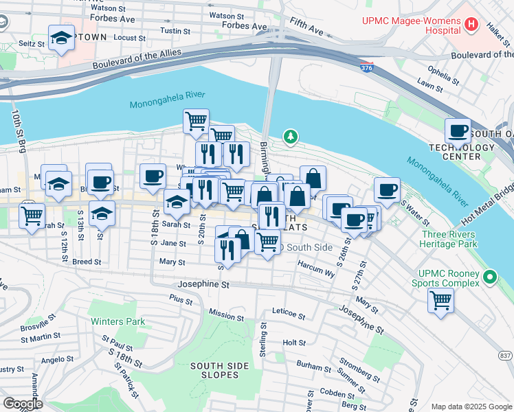 map of restaurants, bars, coffee shops, grocery stores, and more near 2205 East Carson Street in Pittsburgh