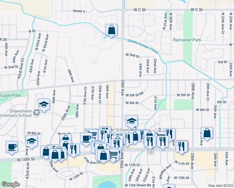 map of restaurants, bars, coffee shops, grocery stores, and more near 524 35th Avenue Court in Greeley