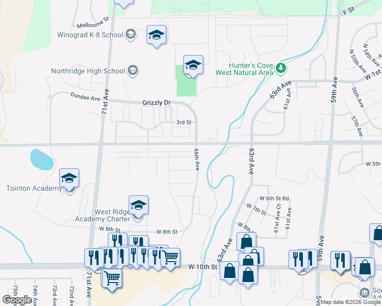 map of restaurants, bars, coffee shops, grocery stores, and more near 6610 West 4th Street Road in Greeley