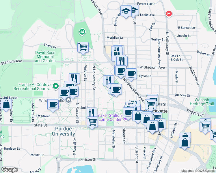 map of restaurants, bars, coffee shops, grocery stores, and more near 550 Stadium Mall Drive in West Lafayette