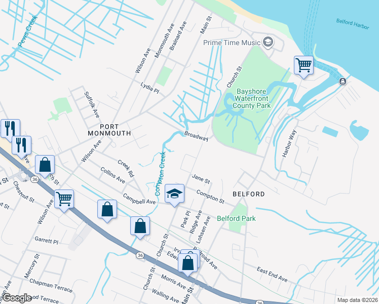 map of restaurants, bars, coffee shops, grocery stores, and more near 102 Locust Street in Belford