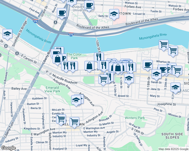 map of restaurants, bars, coffee shops, grocery stores, and more near 900 East Carson Street in Pittsburgh