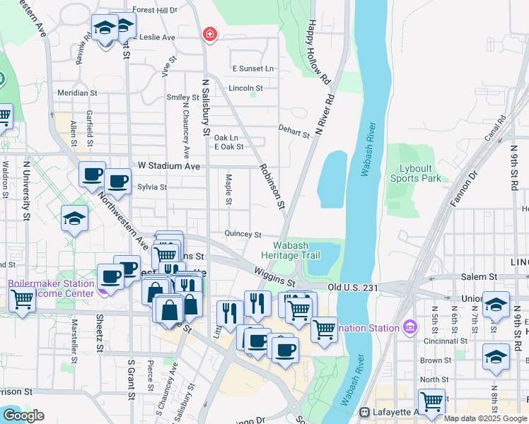map of restaurants, bars, coffee shops, grocery stores, and more near 448 Littleton Street in West Lafayette