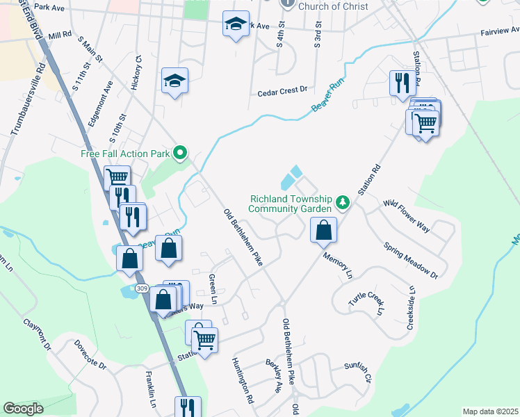 map of restaurants, bars, coffee shops, grocery stores, and more near 1125 Liberty Court in Quakertown