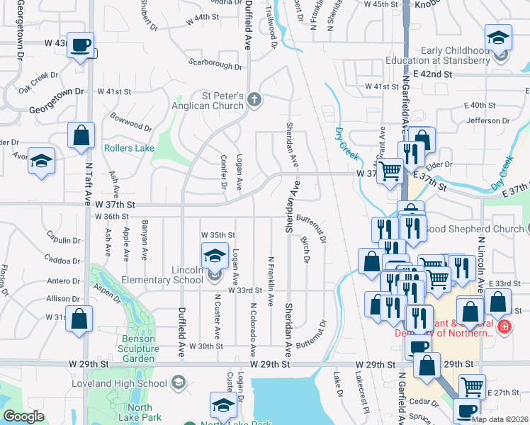map of restaurants, bars, coffee shops, grocery stores, and more near 3514 North Franklin Avenue in Loveland