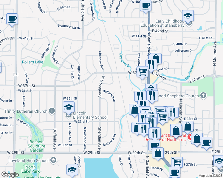 map of restaurants, bars, coffee shops, grocery stores, and more near 3506 Butternut Drive in Loveland