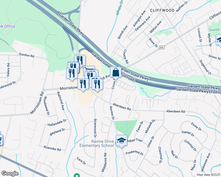 map of restaurants, bars, coffee shops, grocery stores, and more near 119 Morristown Road in Matawan