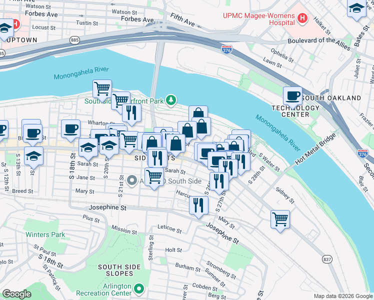 map of restaurants, bars, coffee shops, grocery stores, and more near 2400 East Carson Street in Pittsburgh