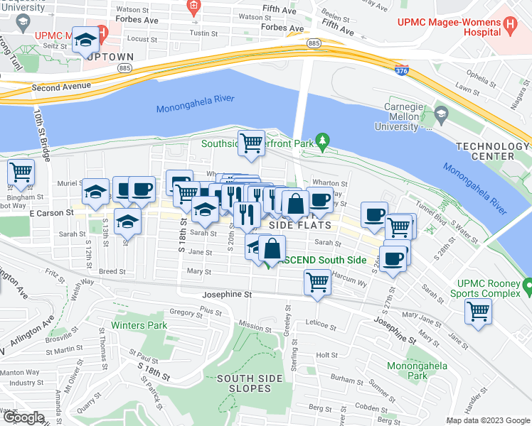 map of restaurants, bars, coffee shops, grocery stores, and more near 2135 Carey Way in Pittsburgh