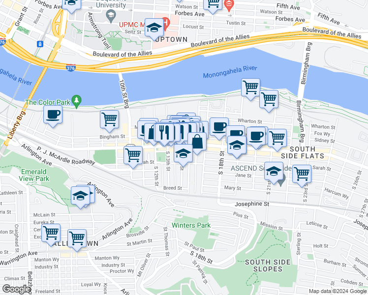 map of restaurants, bars, coffee shops, grocery stores, and more near 1317 Sarah Street in Pittsburgh
