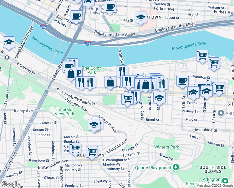 map of restaurants, bars, coffee shops, grocery stores, and more near 800 East Carson Street in Pittsburgh
