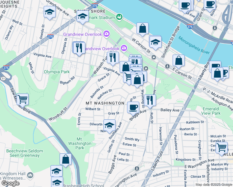 map of restaurants, bars, coffee shops, grocery stores, and more near 45 Cowan Street in Pittsburgh