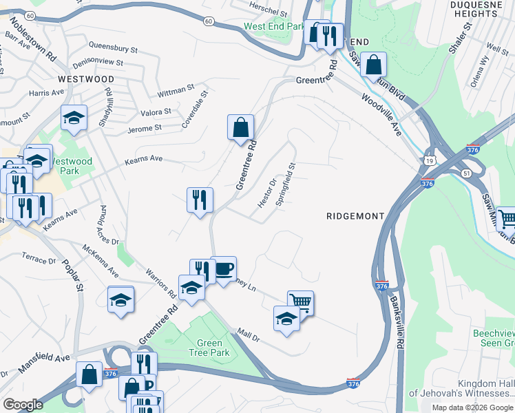 map of restaurants, bars, coffee shops, grocery stores, and more near 215 Hamburg Street in Pittsburgh