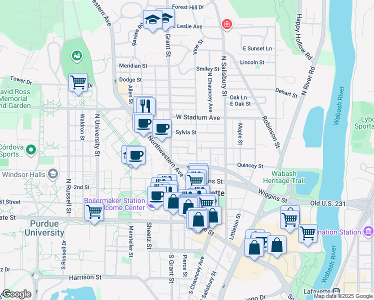 map of restaurants, bars, coffee shops, grocery stores, and more near 300 West Fowler Avenue in West Lafayette