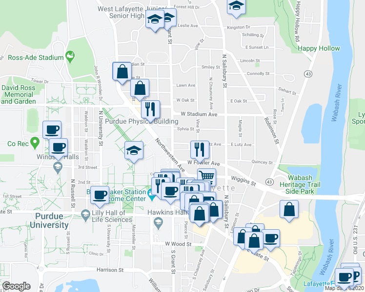 map of restaurants, bars, coffee shops, grocery stores, and more near 400 Northwestern Avenue in West Lafayette