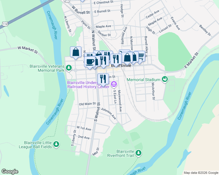 map of restaurants, bars, coffee shops, grocery stores, and more near 220 South Stewart Street in Blairsville