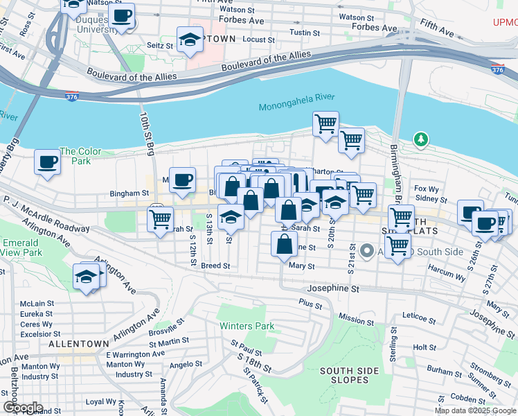 map of restaurants, bars, coffee shops, grocery stores, and more near 1715 Sarah Street in Pittsburgh