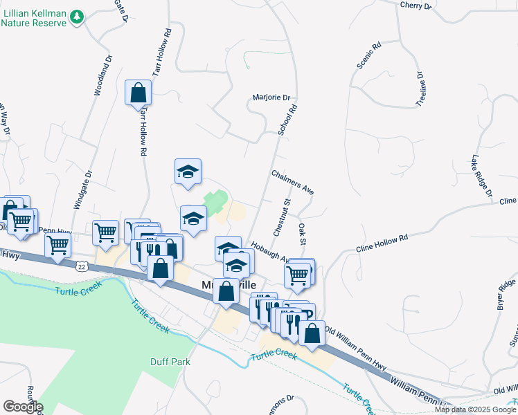 map of restaurants, bars, coffee shops, grocery stores, and more near 3170 School Road in Murrysville