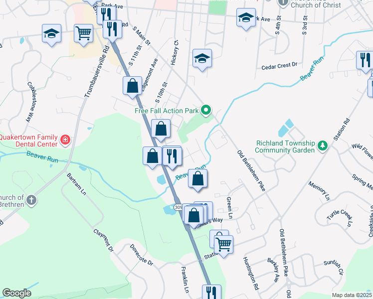 map of restaurants, bars, coffee shops, grocery stores, and more near 101 Jefferson Court in Quakertown
