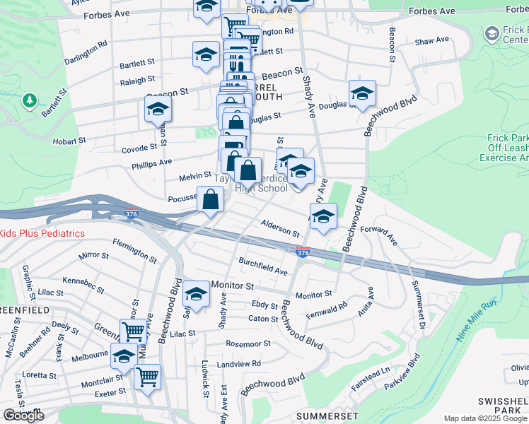 map of restaurants, bars, coffee shops, grocery stores, and more near 2617 Shady Avenue in Pittsburgh