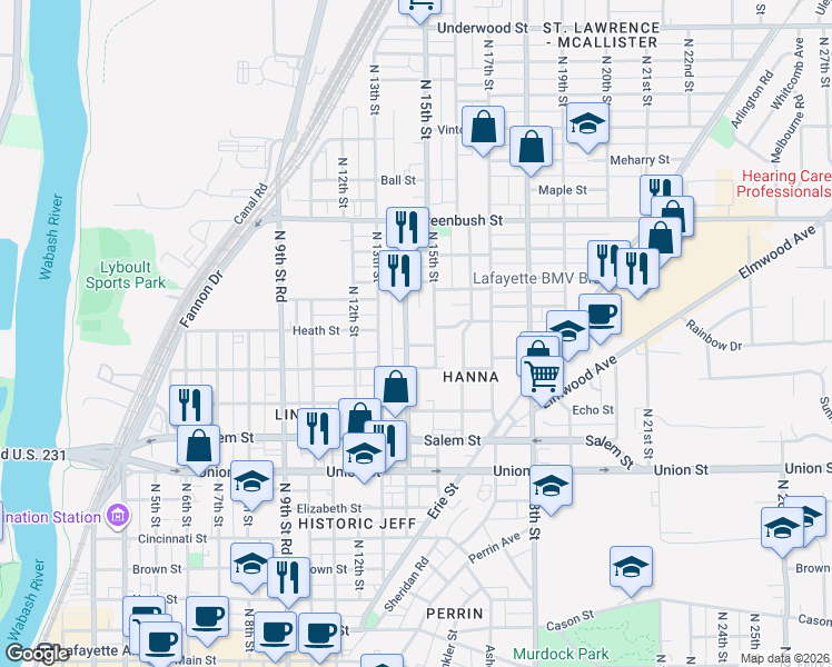 map of restaurants, bars, coffee shops, grocery stores, and more near 1205 North 14th Street in Lafayette
