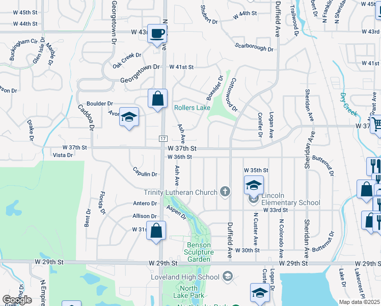 map of restaurants, bars, coffee shops, grocery stores, and more near 3503 Apple Avenue in Loveland