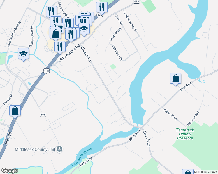 map of restaurants, bars, coffee shops, grocery stores, and more near 240 Church Lane in North Brunswick Township