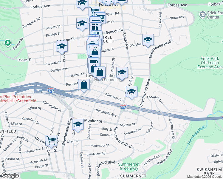 map of restaurants, bars, coffee shops, grocery stores, and more near 2409 Shady Avenue in Pittsburgh