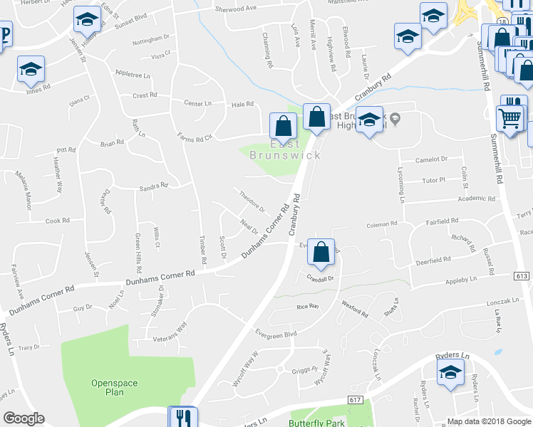 map of restaurants, bars, coffee shops, grocery stores, and more near 3 Theodore Drive in East Brunswick