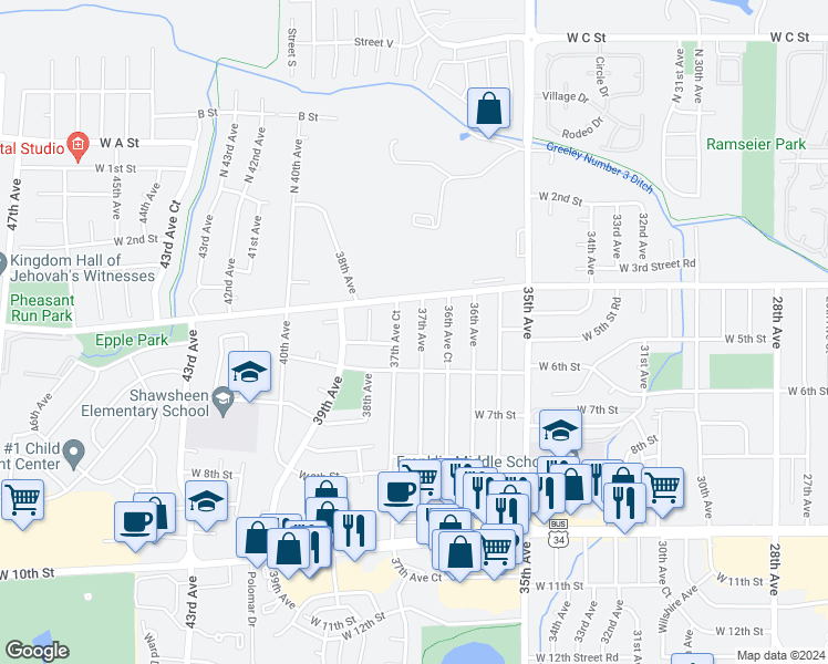map of restaurants, bars, coffee shops, grocery stores, and more near 503 37th Avenue in Greeley