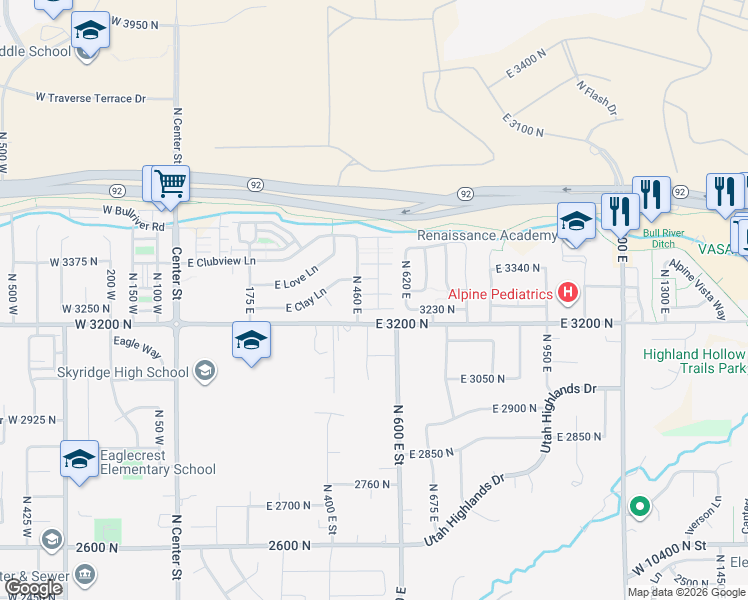 map of restaurants, bars, coffee shops, grocery stores, and more near 532 East 3270 North in Lehi