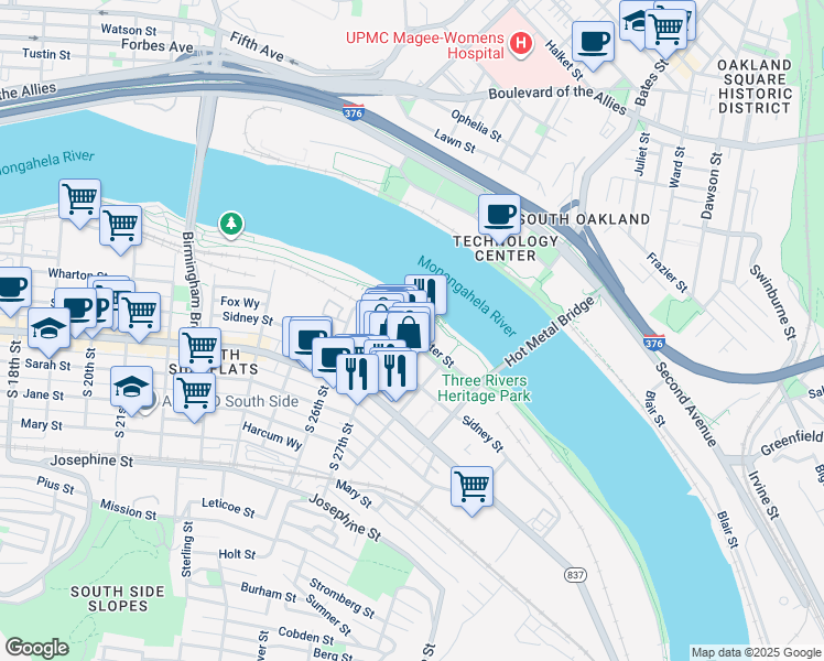 map of restaurants, bars, coffee shops, grocery stores, and more near 2705 South Water Street in Pittsburgh