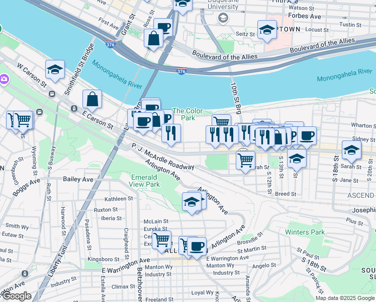 map of restaurants, bars, coffee shops, grocery stores, and more near 607 East Carson Street in Pittsburgh