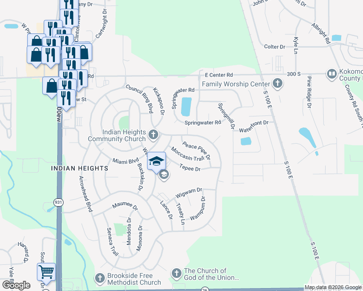 map of restaurants, bars, coffee shops, grocery stores, and more near 5222 Council Ring Boulevard in Kokomo