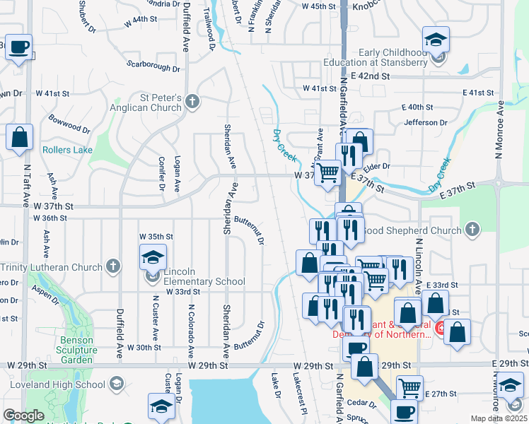 map of restaurants, bars, coffee shops, grocery stores, and more near 3636 Butternut Drive in Loveland