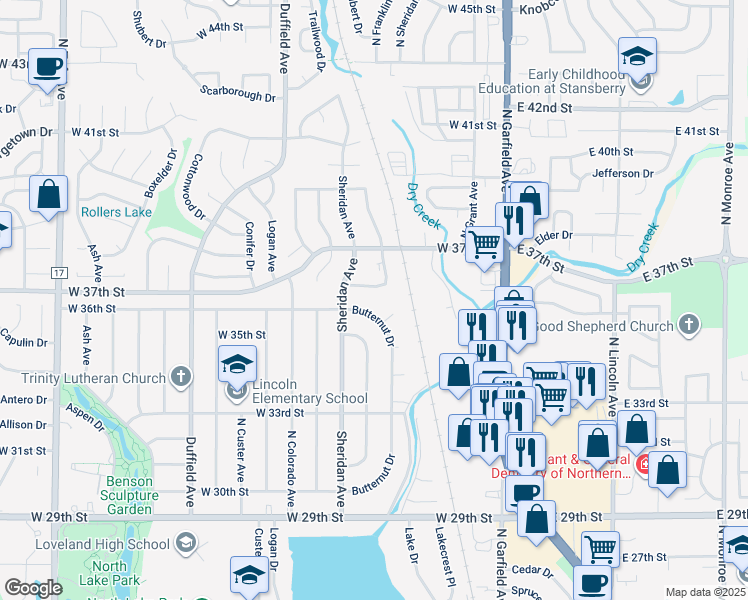 map of restaurants, bars, coffee shops, grocery stores, and more near 3636 Butternut Drive in Loveland