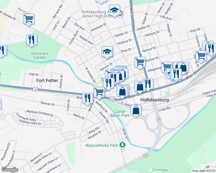 map of restaurants, bars, coffee shops, grocery stores, and more near 208 Walnut Street in Hollidaysburg